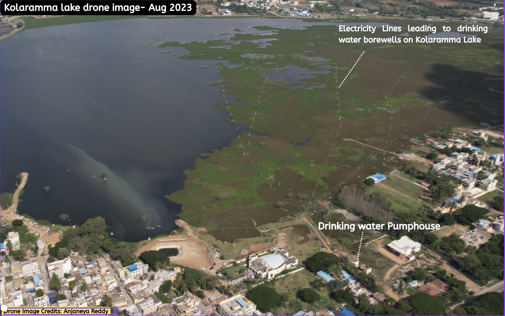 Kolaramma Lake filled with KC valley secondary treated wastewater. Water Hyacinth is observed